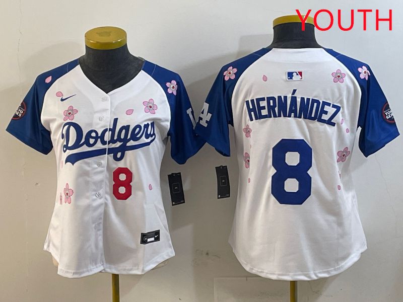 Youth Los Angeles Dodgers #8 Hernandez White Blue Sakura Edition 2025 Nike MLB Jersey style 6